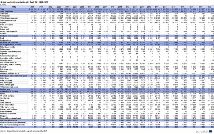 A table showing the gross electricity production in the EU by fuel type for the years 2000 to 2022. Data are shown in gigawatt hours.