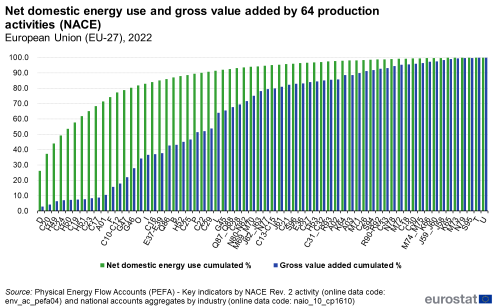 A double vertical bar chart for net domestic energy use and gross value added by 64 production activities for NACE in the European Union in 2022.