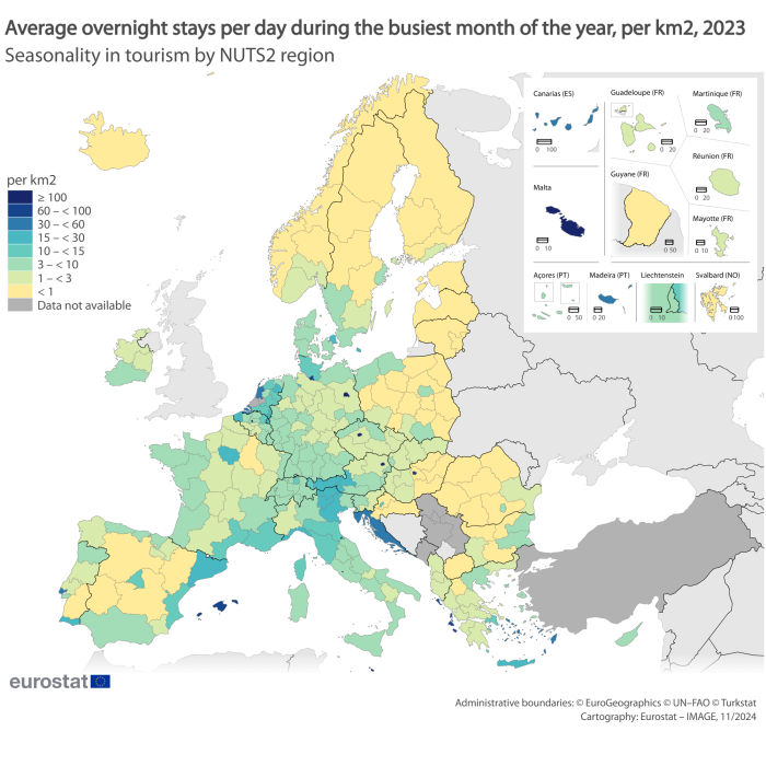 Map showing seasonality in EU tourist accommodation by NUTS 2 region as average overnight stays per day during the busiest month of the year, per square kilometre. Each region is coded based on overnight stays ranges for the year 2023.