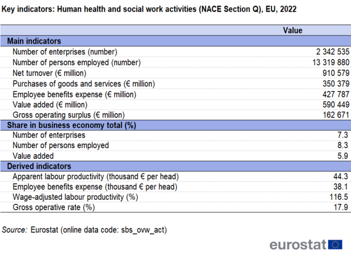 Table showing the value of key indicators in health and social work in the EU for the year 2022.